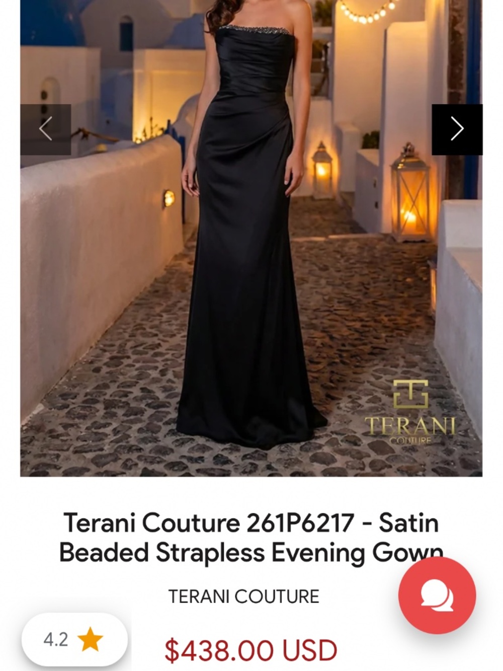 Terani Couture Black Satin Strapless Beaded Evening Gown